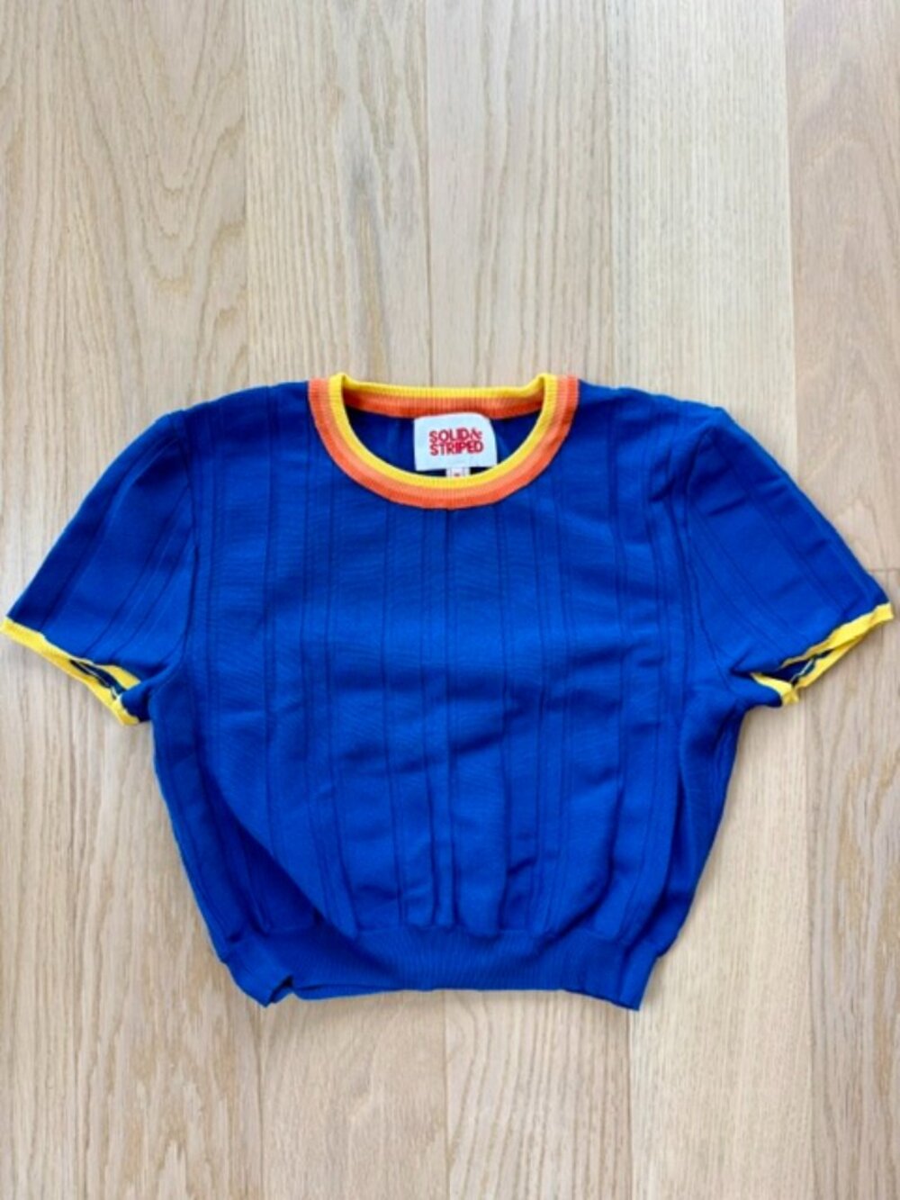 SOLID & STRIPED Blue Ribbed Crop Top with Orange and Yellow Trim